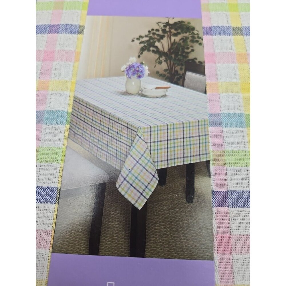 HOLIDAY HOME Spring Easter Cotton  Bunny Trails Plaid Tablecloth 60” X 102"